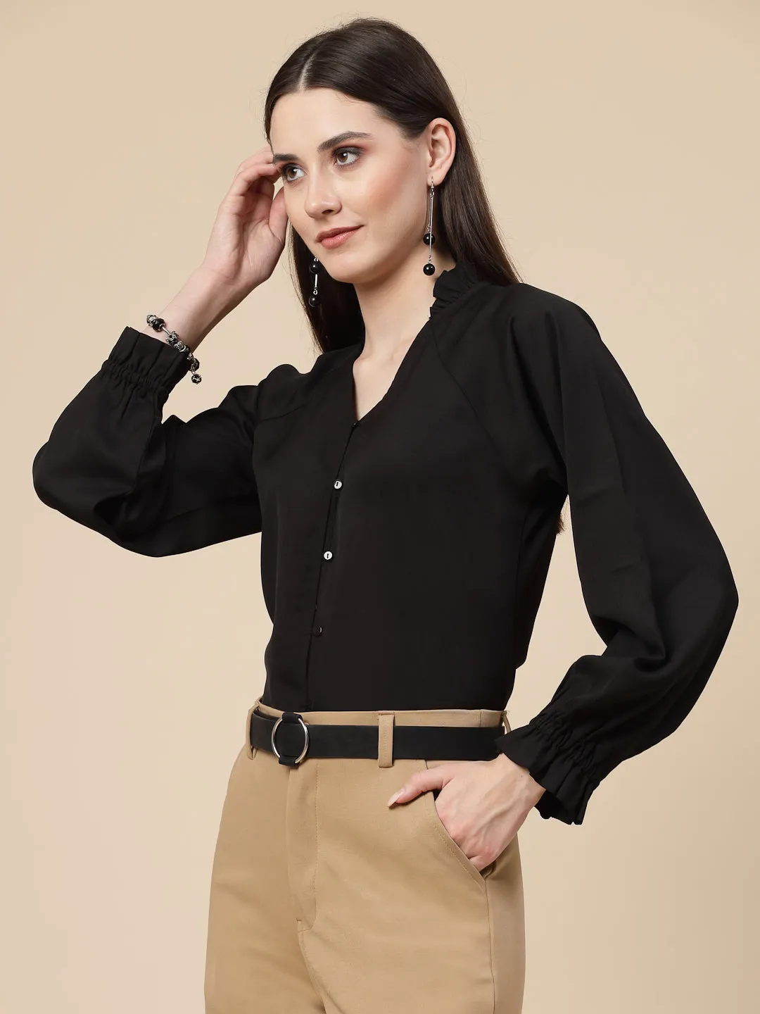 Style Quotient Women Black Regular Fit V-neck Button-down Full sleeves Shirt