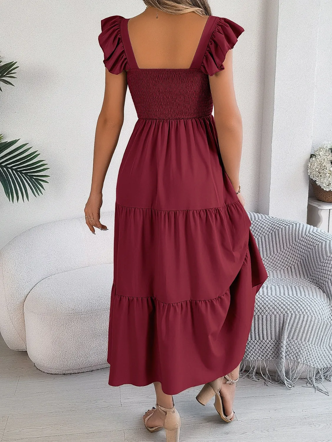 Sunset Vacation Smocked Square Neck Cap Sleeve Midi Dress