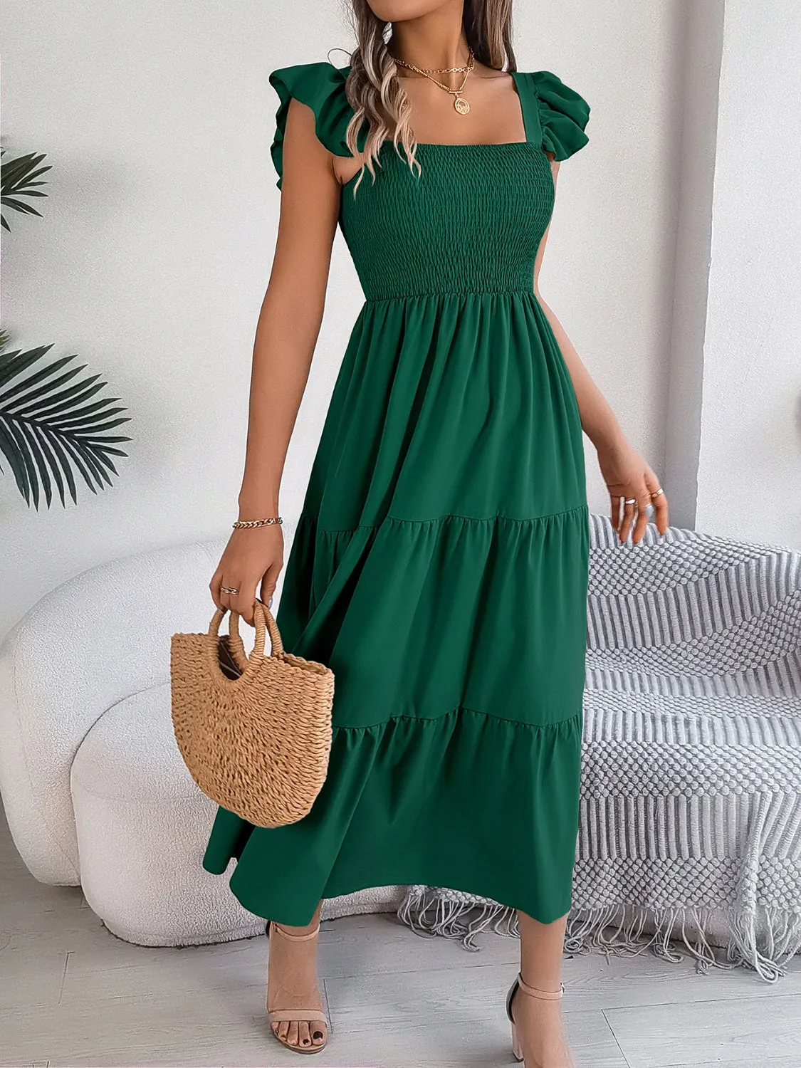 Sunset Vacation Smocked Square Neck Cap Sleeve Midi Dress