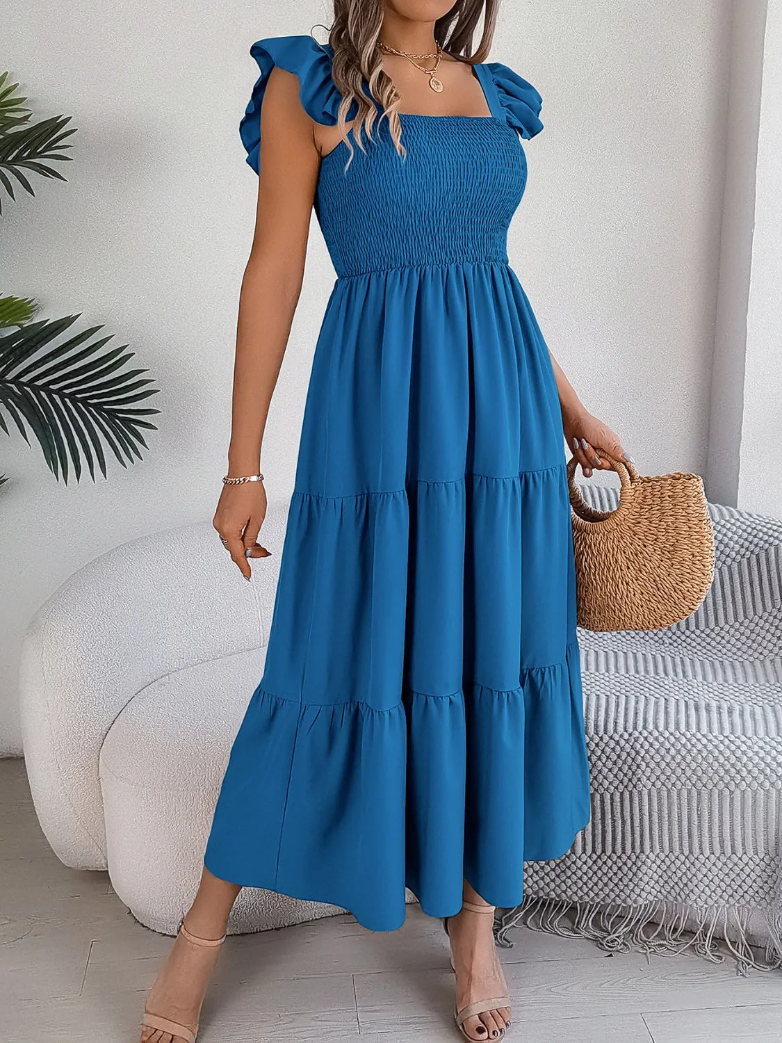 Sunset Vacation Smocked Square Neck Cap Sleeve Midi Dress