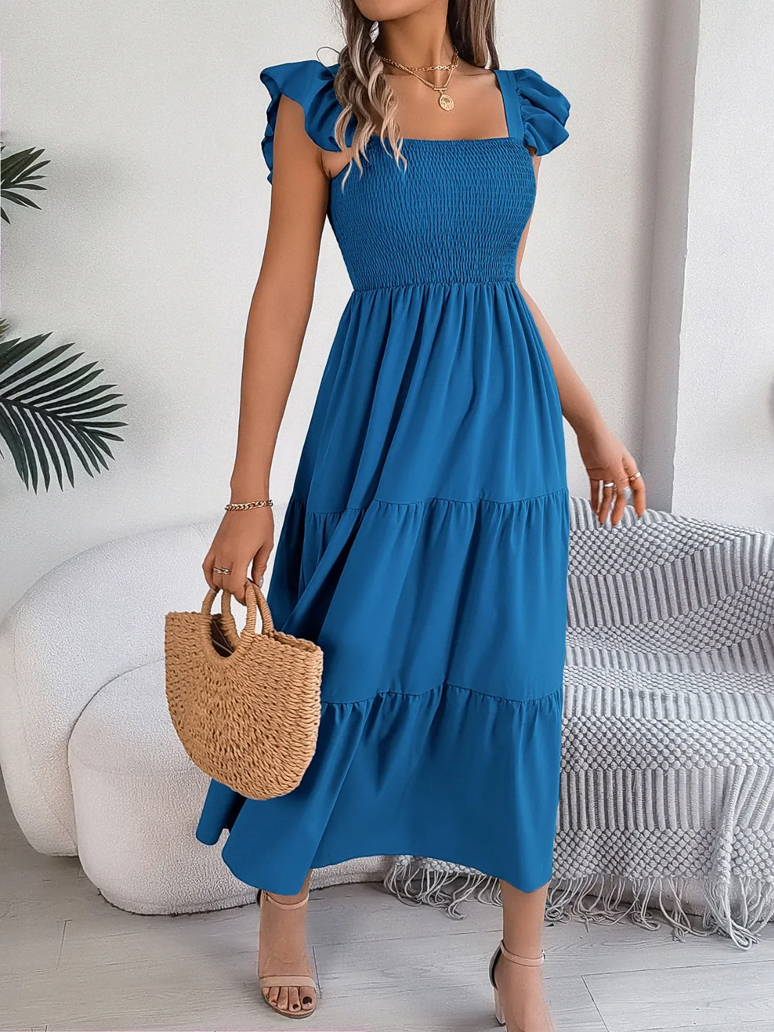 Sunset Vacation Smocked Square Neck Cap Sleeve Midi Dress