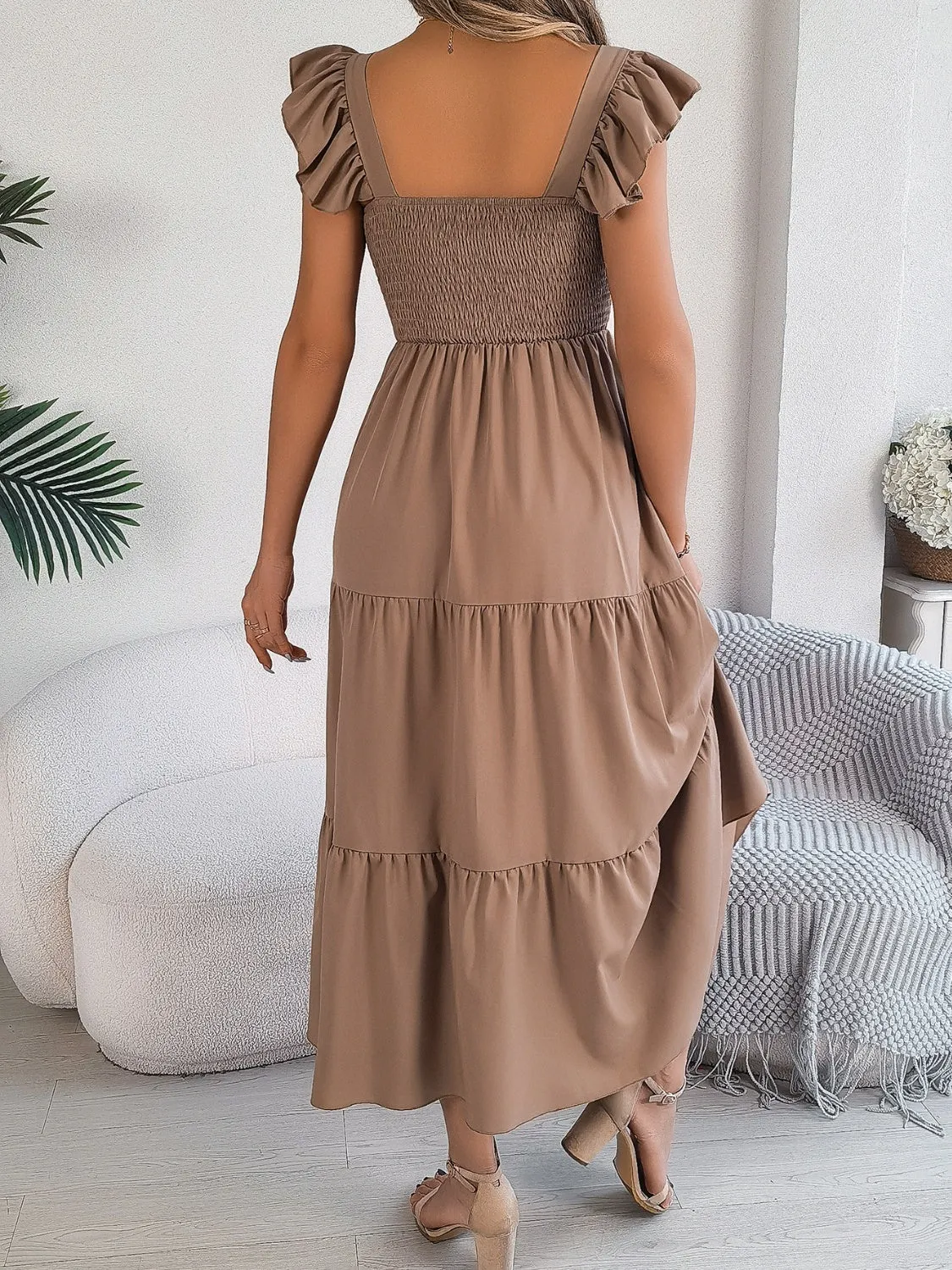 Sunset Vacation Smocked Square Neck Cap Sleeve Midi Dress