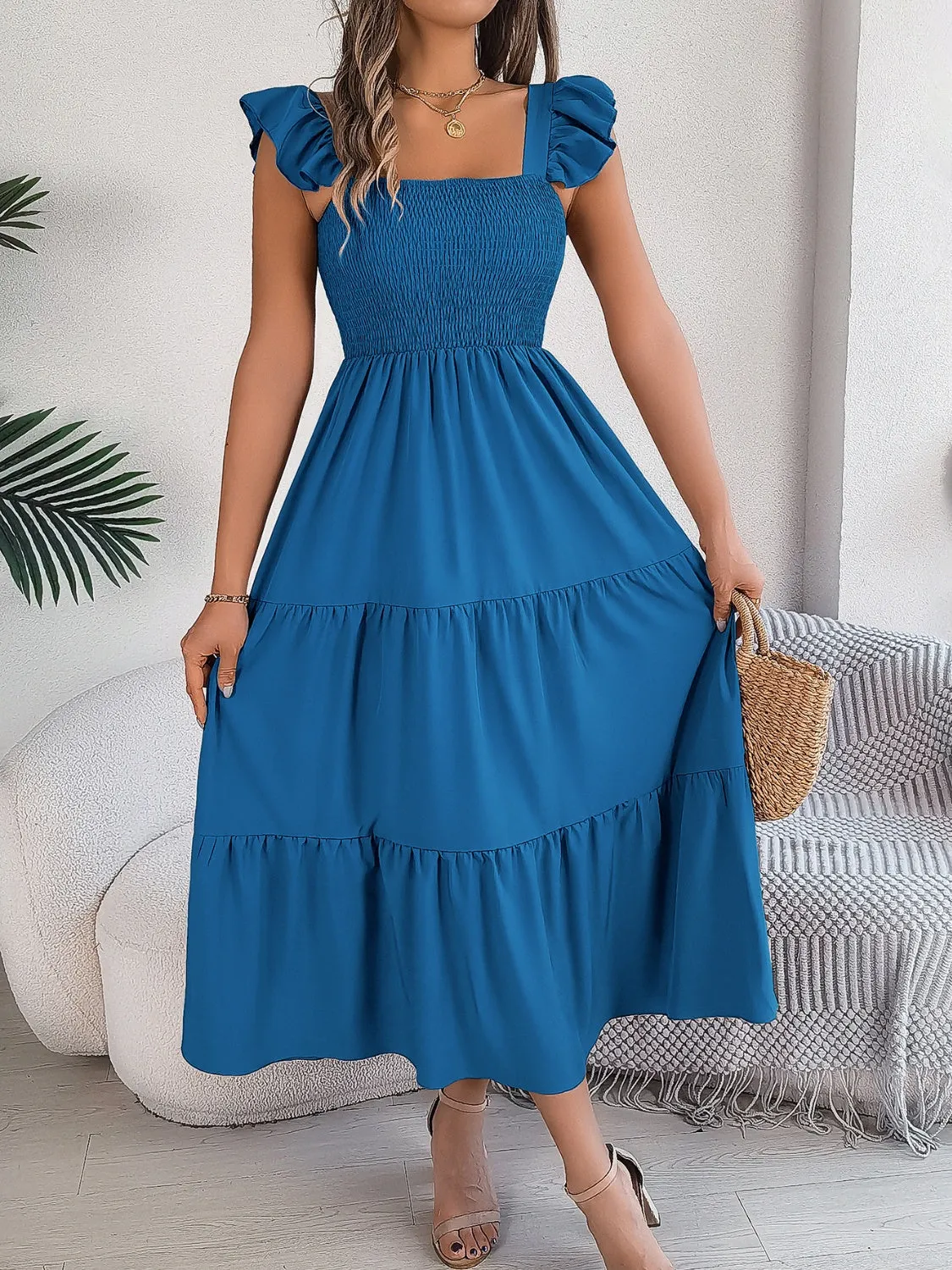 Sunset Vacation Smocked Square Neck Cap Sleeve Midi Dress