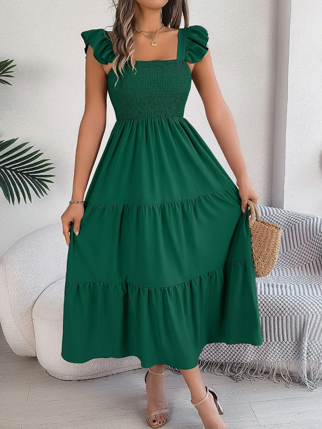 Sunset Vacation Smocked Square Neck Cap Sleeve Midi Dress