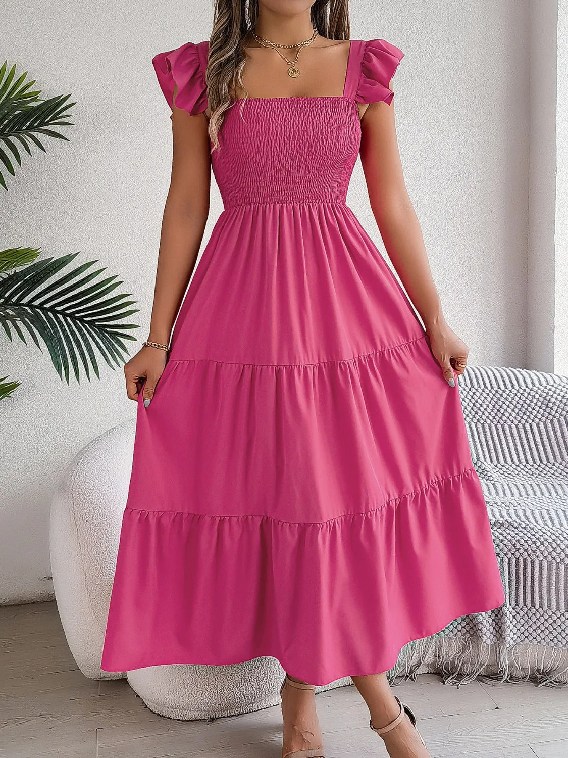 Sunset Vacation Smocked Square Neck Cap Sleeve Midi Dress