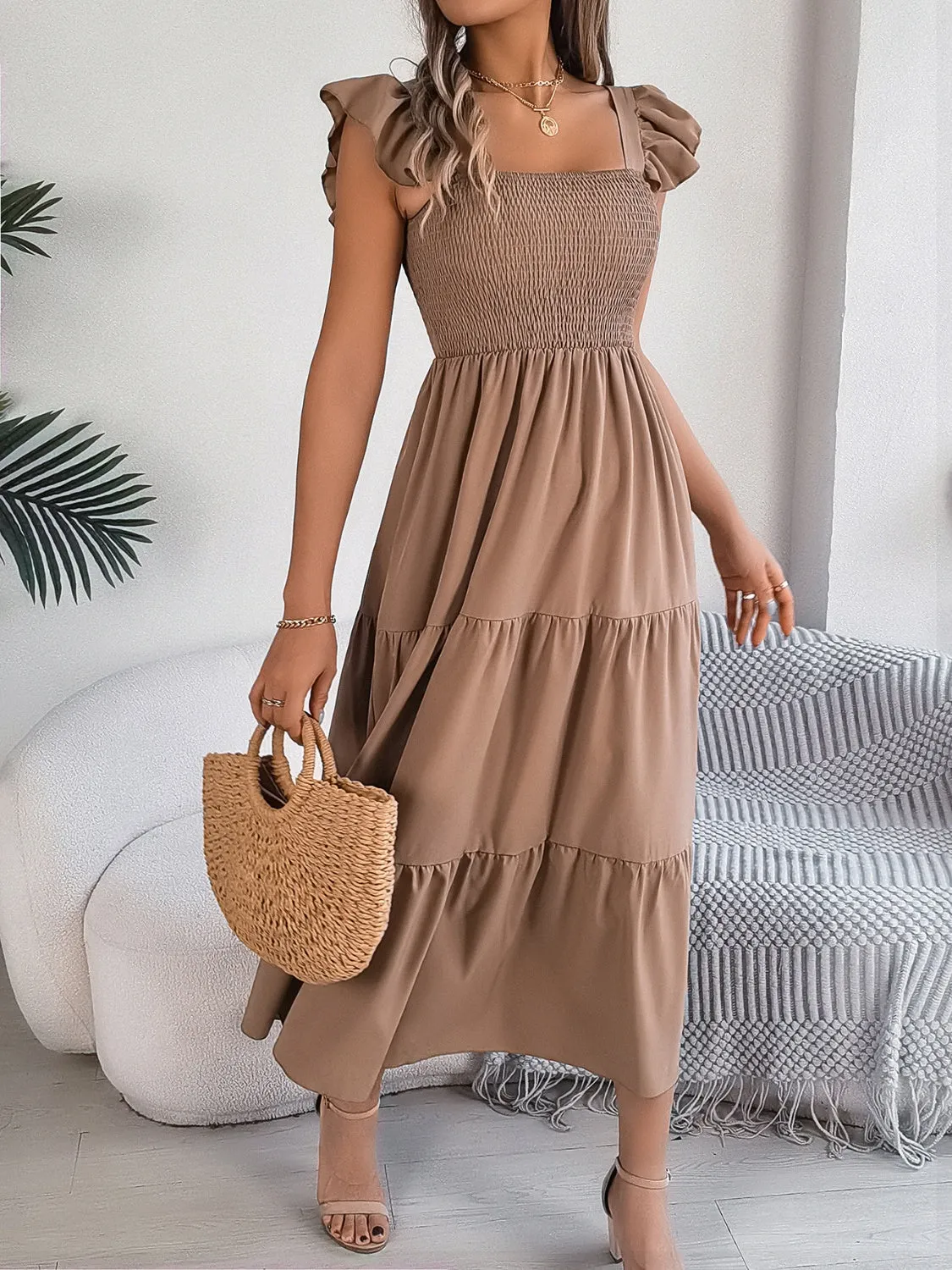 Sunset Vacation Smocked Square Neck Cap Sleeve Midi Dress