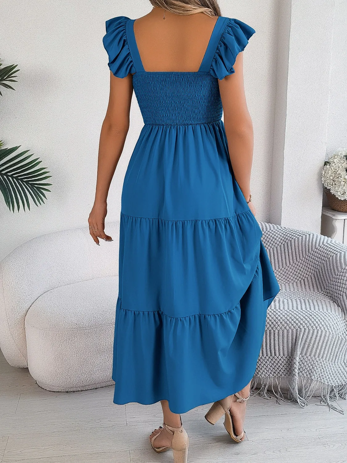 Sunset Vacation Smocked Square Neck Cap Sleeve Midi Dress