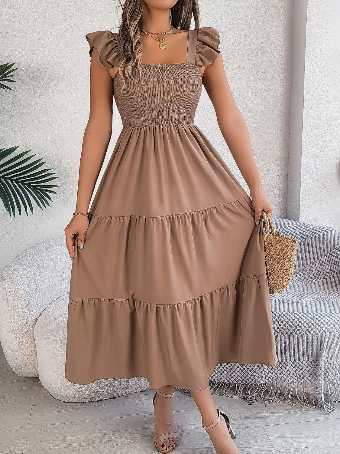 Sunset Vacation Smocked Square Neck Cap Sleeve Midi Dress