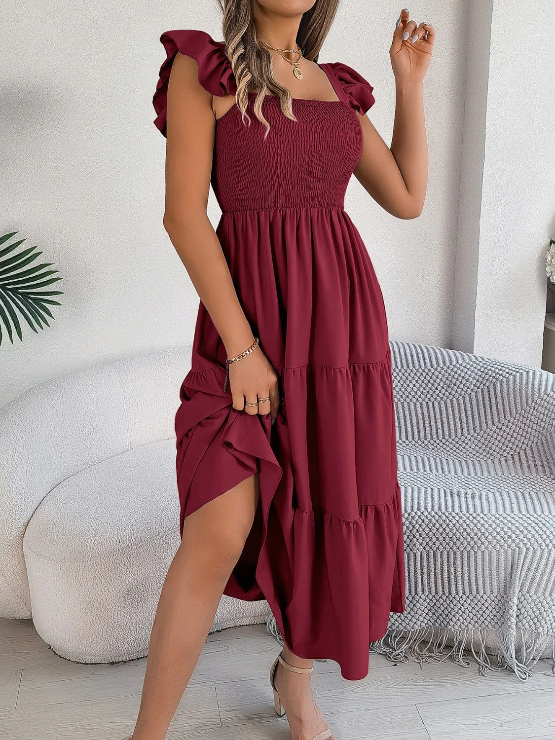 Sunset Vacation Smocked Square Neck Cap Sleeve Midi Dress