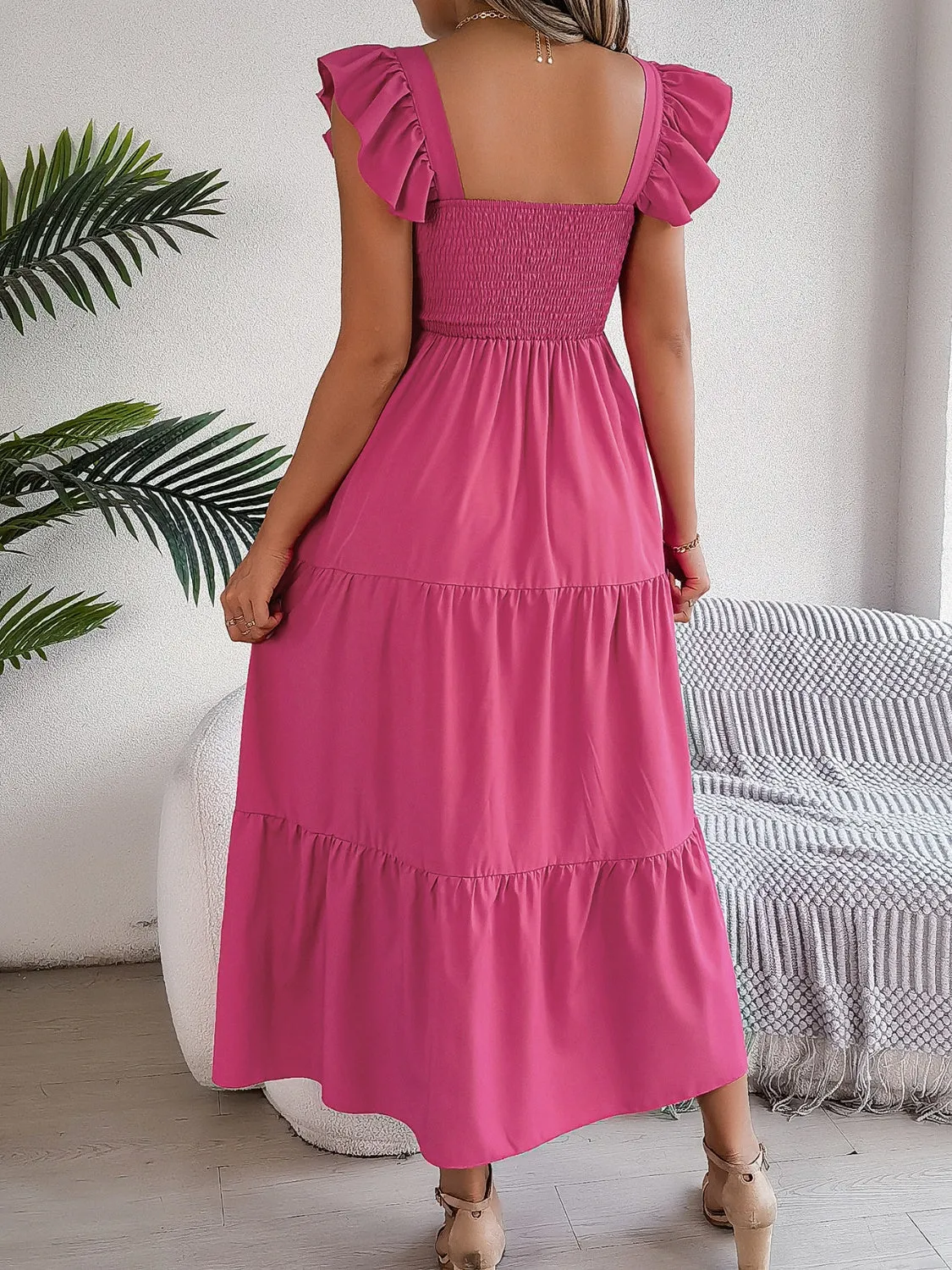 Sunset Vacation Smocked Square Neck Cap Sleeve Midi Dress