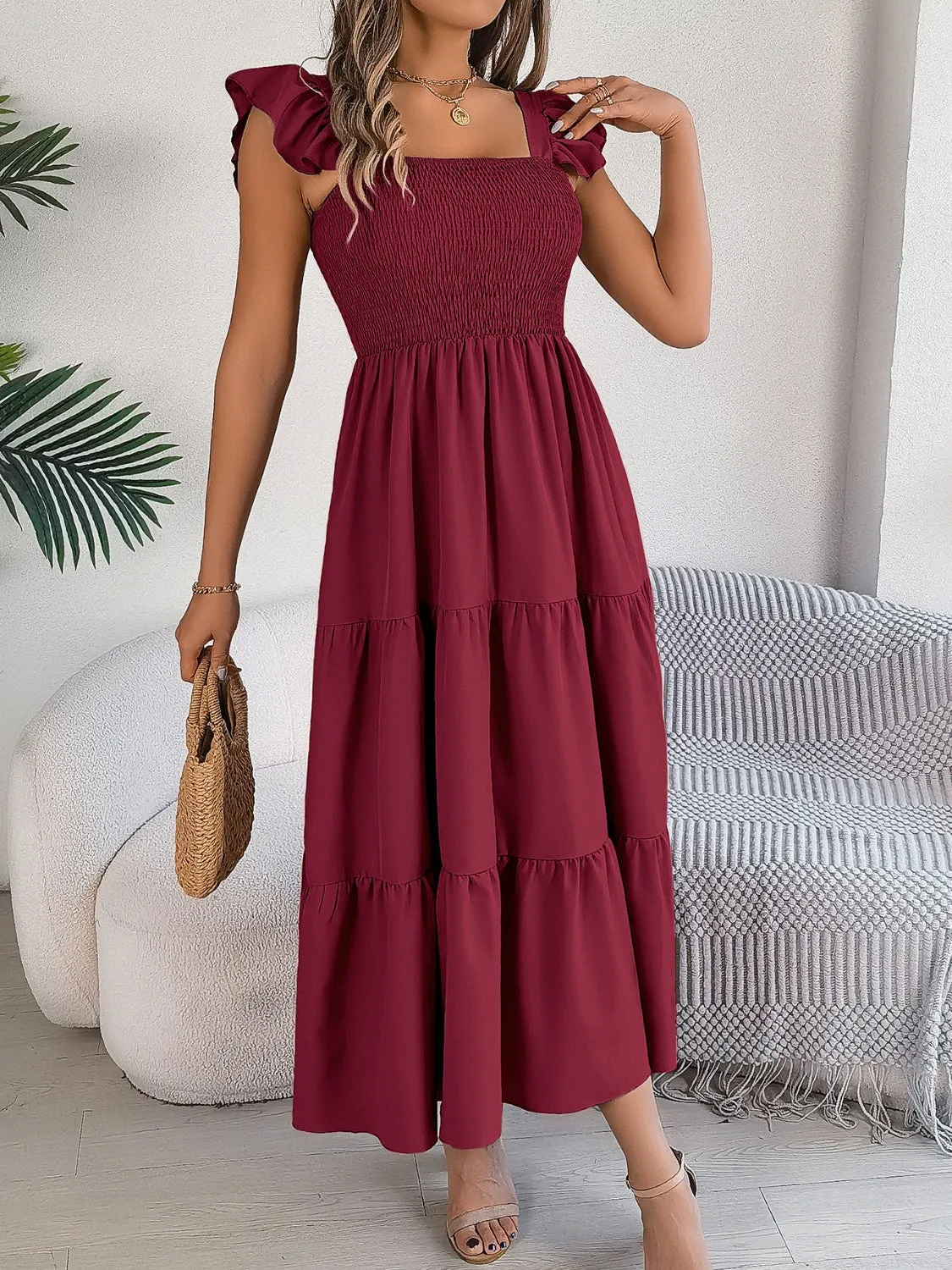 Sunset Vacation Smocked Square Neck Cap Sleeve Midi Dress