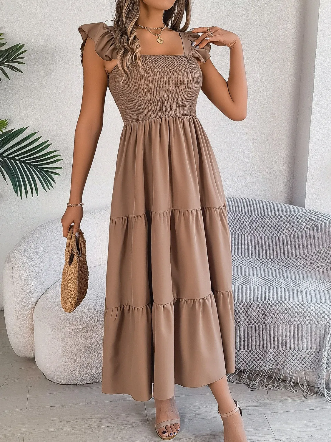 Sunset Vacation Smocked Square Neck Cap Sleeve Midi Dress