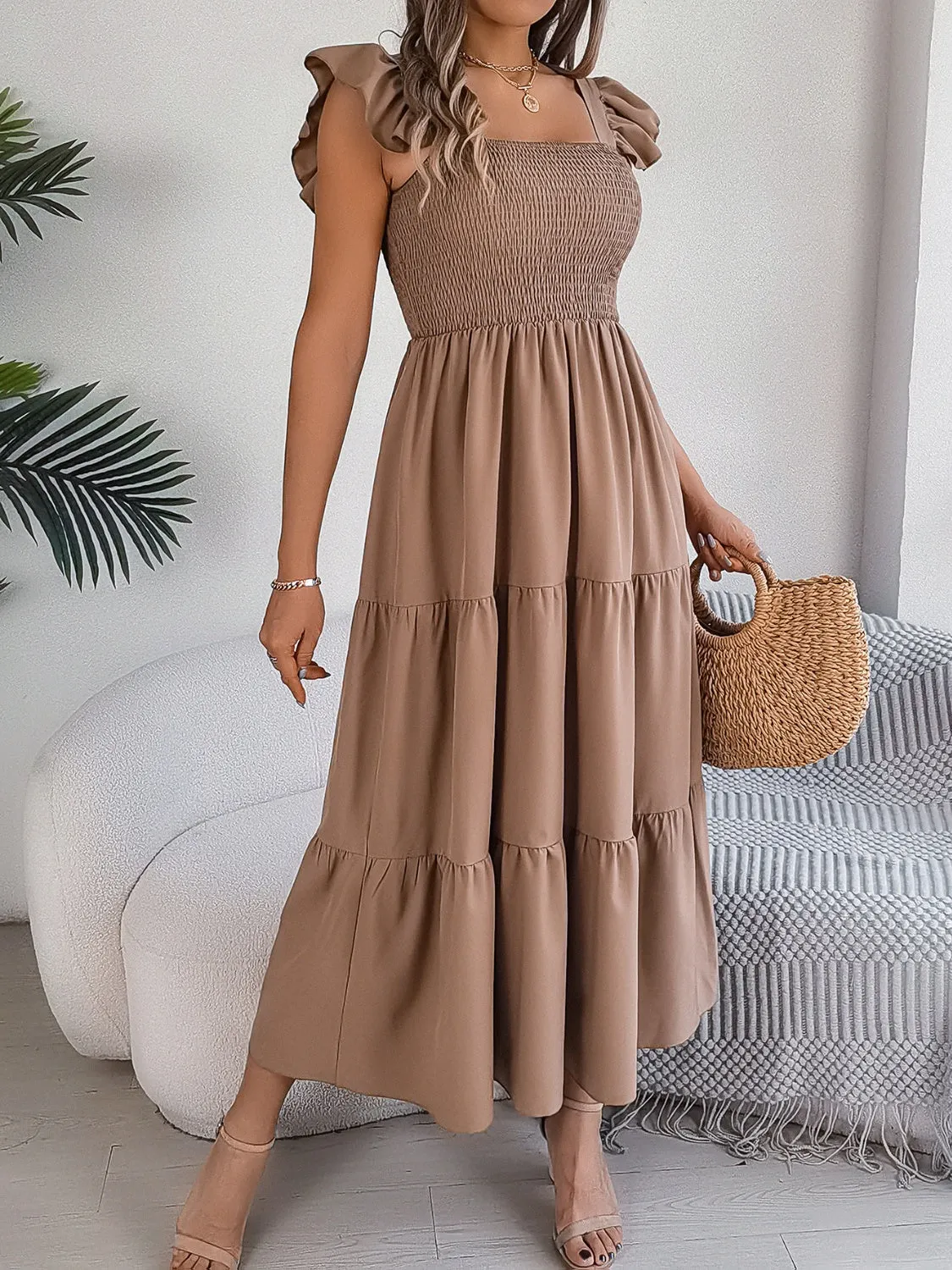 Sunset Vacation Smocked Square Neck Cap Sleeve Midi Dress