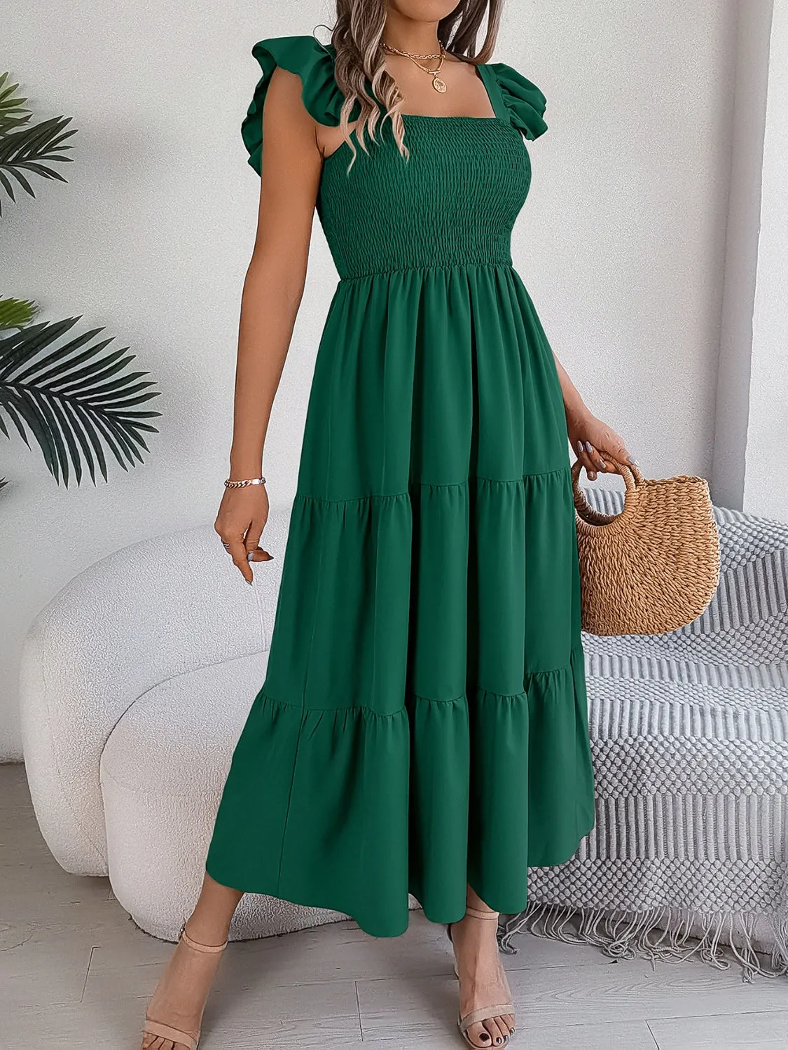 Sunset Vacation Smocked Square Neck Cap Sleeve Midi Dress