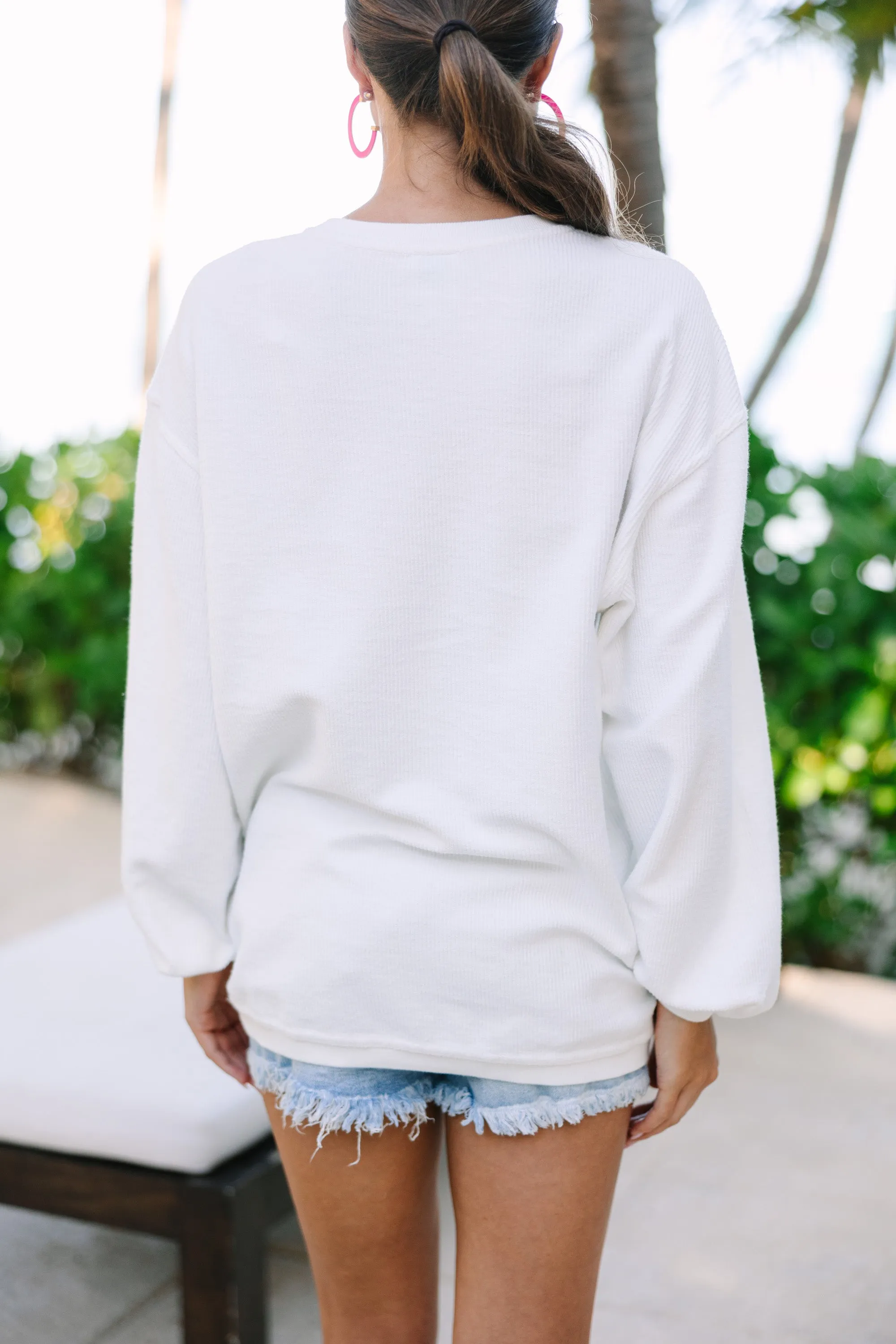 To The Beach White Graphic Corded Sweatshirt