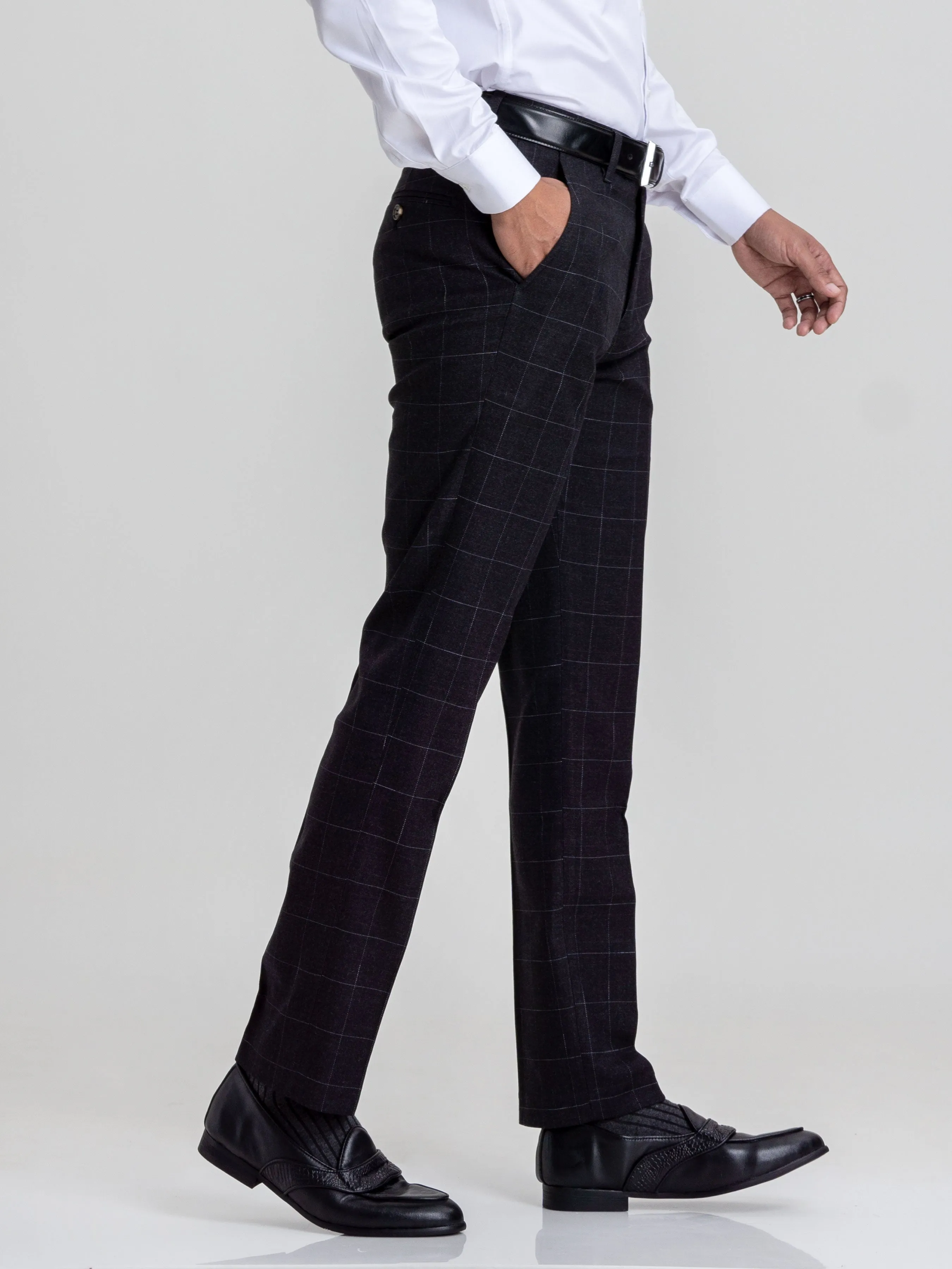 Trousers With Belt Loop -  Black Charcoal Windowpane Checkered (Stretchable)