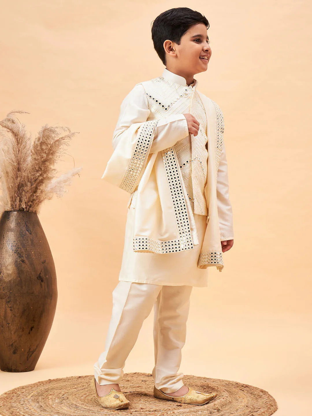 VASTRAMAY Boy's Cream Mirror Work Jacket And Solid Kurta Pyjama Set With Ethnic Dupatta