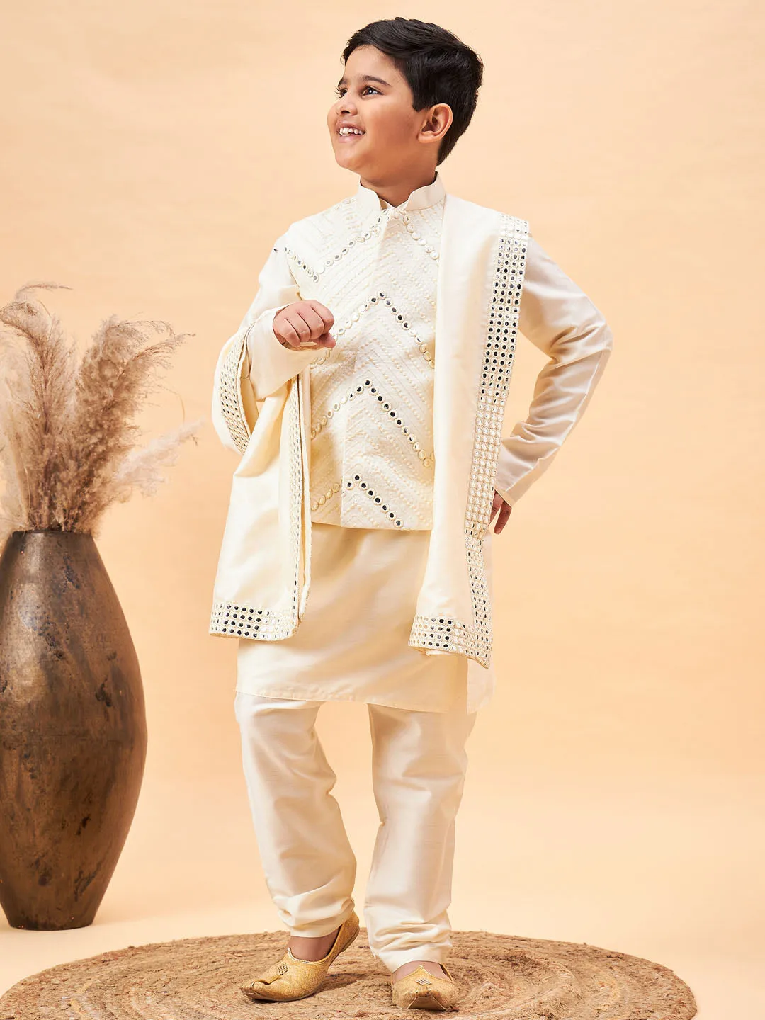 VASTRAMAY Boy's Cream Mirror Work Jacket And Solid Kurta Pyjama Set With Ethnic Dupatta