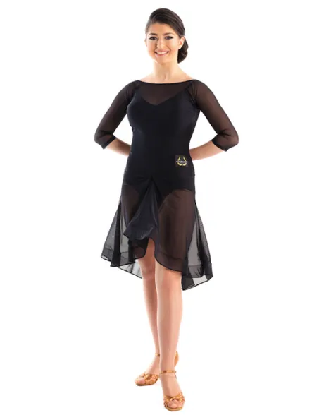 Victoria Blitz Naomi Sheer Black Latin Practice Dress with Boat Neck, 3/4 Length Mesh Sleeves, and Gathered Detail in Front of Skirt PRA 733 in Stock