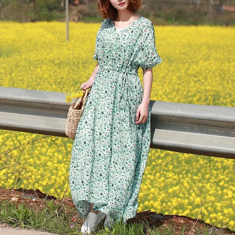 Women Summer V-Neck Printed Waisted Linen Short Sleeve Dress