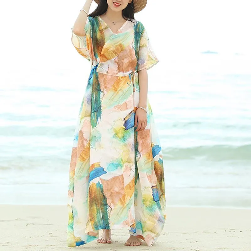 Women Summer V-Neck Printed Waisted Linen Short Sleeve Dress