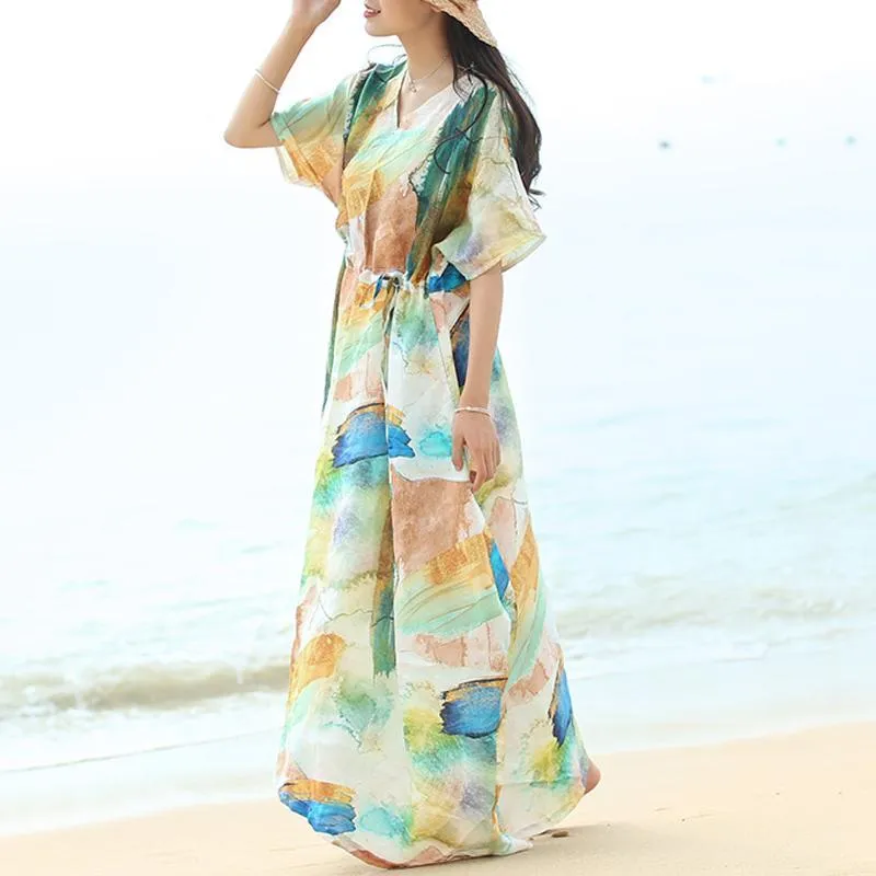 Women Summer V-Neck Printed Waisted Linen Short Sleeve Dress